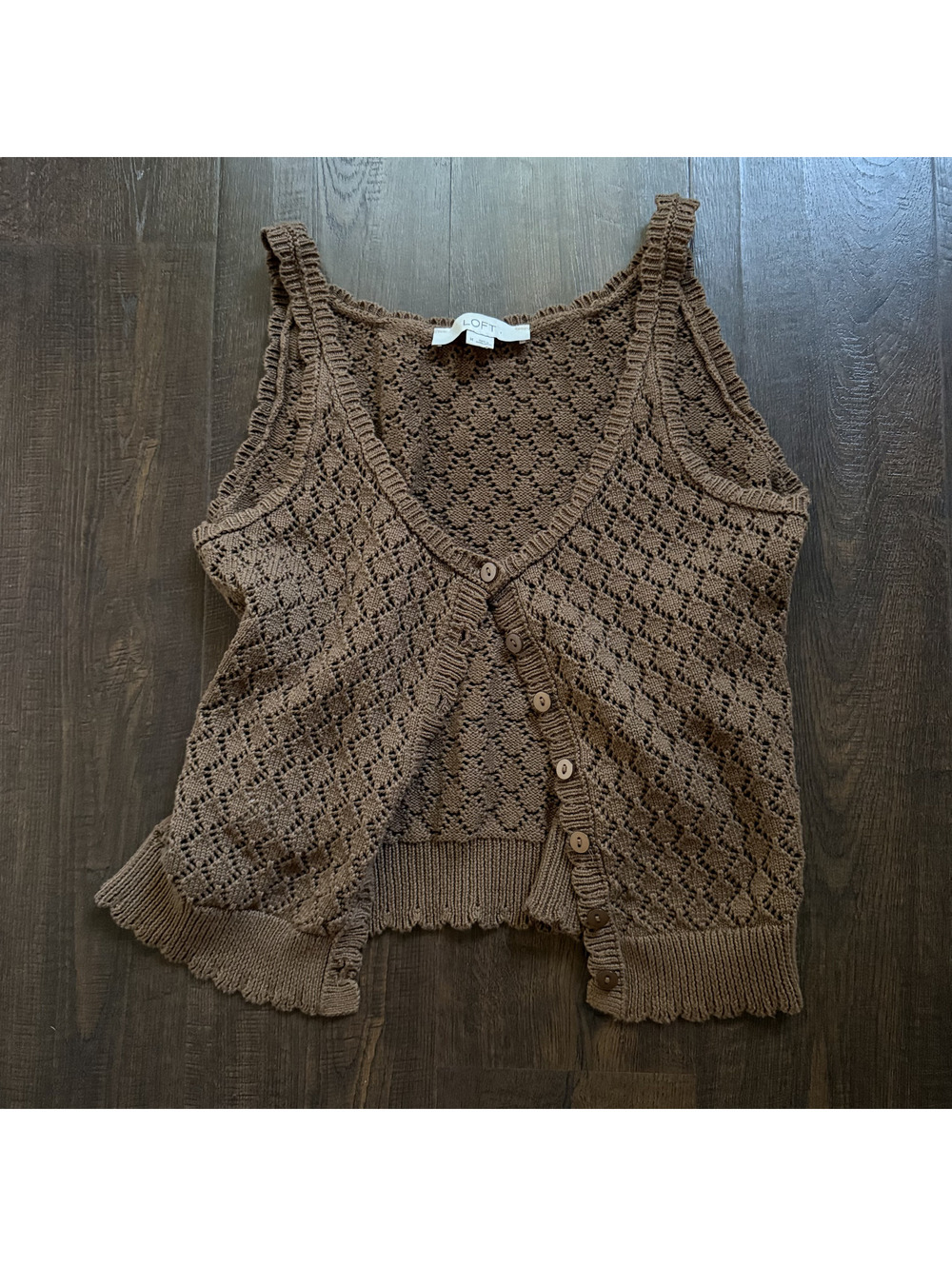 LOFT Coffee Brown Pointelle Knit Button Front Sweater Vest Cottagecore Boho M